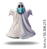 Ghost wearing a face mask concept as a halloween holiday season symbol for health and healthcare disease prevention as medical equipment preventing a virus in a 3D illustration style. Стоковое фото, агентство Ingram Publishing / Фотобанк Лори