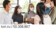 Panoramic web banner crop. Group of business worker team meeting and brainstorm for startup new business. They wear protective face mask in new normal office preventing coronavirus COVID-19 spreading. Стоковое фото, агентство Ingram Publishing / Фотобанк Лори