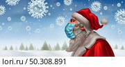 Healthy Santa wearing a face mask concept as a Christmas holiday symbol for health and healthcare disease prevention of coronavirus and covid-19 or flu as snow shaped virus with 3D render elements. Стоковое фото, агентство Ingram Publishing / Фотобанк Лори