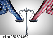 United States legal battle and american law as a tip the scales of justice concept with a the finger of people influencing the USA legal system for an legislative advantage with 3D illustration elements. Стоковое фото, агентство Ingram Publishing / Фотобанк Лори