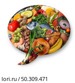 Food facts and foodie or cooking information or a nutrition concept and nutritional speach bubble with meat fish fruit and vegetables on a white background. Стоковое фото, агентство Ingram Publishing / Фотобанк Лори