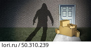 Package theft and porch pirate thief stealing packages from a home delivered to a front door as a burglar robbing boxes from a doorstep with 3D illustration elements. Стоковое фото, агентство Ingram Publishing / Фотобанк Лори