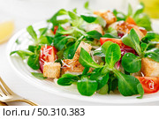 Caesar salad with grilled chicken meat, fresh tomato, croutons, lambs lettuce and parmesan cheese. Healthy lunch. Top view. Стоковое фото, агентство Ingram Publishing / Фотобанк Лори