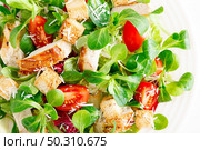 Caesar salad with grilled chicken meat, fresh tomato, croutons, lambs lettuce and parmesan cheese. Healthy lunch. Top view. Стоковое фото, агентство Ingram Publishing / Фотобанк Лори