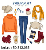 Colored fashionable clothing girl composition with isolated icon set combined in look book. Стоковая иллюстрация, агентство Ingram Publishing / Фотобанк Лори