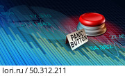 Stock market panic button with Financial crisis worry or Economy and economic fear as a recession and finance risk with 3D illustration elements. Стоковое фото, агентство Ingram Publishing / Фотобанк Лори