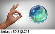 Economic bubble burst and Stock market speculation concept and overvalued economy as a financial crisis and inflated prices as a finance risk to investors and speculative valuation with 3D render elements. Стоковое фото, агентство Ingram Publishing / Фотобанк Лори