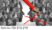 Social media group censorship as the suppression of different crowd opinion as a cultural war and restrictions on certain members of society as the groups on the left and right as a political manipulation of communication with 3D render elements. Стоковое фото, агентство Ingram Publishing / Фотобанк Лори