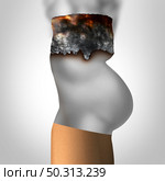 Pregnancy and smoking prenatal maternity health risk as a cigarette with the ashes shaped as a pregnant future mother or parent as a dangerous smoke habit symbol in with 3D illustration elements. Стоковое фото, агентство Ingram Publishing / Фотобанк Лори