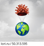 Global outbreak recovery after the pandemic with business or the economy recovering from the coronavirus or covid-19 disease and virus illness in a soft landing with a parachute with 3D illustration elements. Стоковое фото, агентство Ingram Publishing / Фотобанк Лори