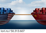 China United States tug of war trade fight and American tariffs as two interconnected opposing cargo ships tied together with rope as an economic  taxation dispute over import and exports concept as a 3D illustration. Стоковое фото, агентство Ingram Publishing / Фотобанк Лори