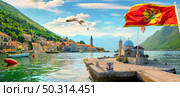 Church Of Our Lady Of The Rocks On Island Near Town Perast, Kotor Bay, Montenegro. View of the church and Perast. Стоковое фото, агентство Ingram Publishing / Фотобанк Лори