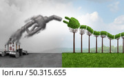 Gas nozzle and Green electric car idea or EV or renewable vehicle eco energy to save the environment with a plant and leaves shaped as a plug as alternative natural fuel for clean air with 3D illustration elements. Стоковое фото, агентство Ingram Publishing / Фотобанк Лори