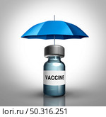 Vaccination concept and vaccine medication protection and flu or coronavirus medical cure and disease prevention as a bottle of vaccine with an umbrella as a health care metaphor for immunization as a 3D render. Стоковое фото, агентство Ingram Publishing / Фотобанк Лори