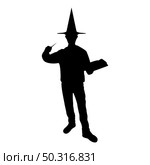 Silhouette wizard holds magic wand trick book waving sorcery concept magician sorcerer fantasy person warlock man in robe with magical stick witchcraft in hat mantle mage conjure mystery idea enchantment black color vector illustration flat style simple image. Silhouette wizard holds magic wand trick book waving sorcery concept magician sorcerer fantasy person warlock man in robe with magical stick witchcraft in hat mantle mage conjure mystery idea enchantment black color vector illustration flat style image. Стоковая иллюстрация, агентство Ingram Publishing / Фотобанк Лори