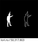 Wizard holds magic wand trick Waving Sorcery concept Magician Sorcerer Fantasy person Warlock man in robe with magical stick Witchcraft in hat mantle Mage conjure Mystery idea Enchantment silhouette white color vector illustration solid outline style simple image. Wizard holds magic wand trick Waving Sorcery concept Magician Sorcerer Fantasy person Warlock man in robe with magical stick Witchcraft in hat mantle Mage conjure Mystery idea Enchantment silhouette white color vector illustration solid outline style image. Стоковая иллюстрация, агентство Ingram Publishing / Фотобанк Лори