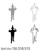 Wizard holds magic wand trick Waving Sorcery concept Magician Sorcerer Fantasy person Warlock man in robe with magical stick Witchcraft in hat mantle Mage conjure Mystery idea Enchantment silhouette grey black color vector illustration solid outline style simple image. Wizard holds magic wand trick Waving Sorcery concept Magician Sorcerer Fantasy person Warlock man in robe with magical stick Witchcraft in hat mantle Mage conjure Mystery idea Enchantment silhouette grey black color vector illustration solid outline style image. Стоковая иллюстрация, агентство Ingram Publishing / Фотобанк Лори