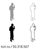 Man trying food from spoon standing Tasting concept Gourmet tries dish Chef trying silhouette grey black color vector illustration solid outline style simple image. Man trying food from spoon standing Tasting concept Gourmet tries dish Chef trying silhouette grey black color vector illustration solid outline style image. Стоковая иллюстрация, агентство Ingram Publishing / Фотобанк Лори