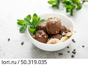 Chocolate and banana fruit ice cream with almond nuts served in bowls. Стоковое фото, агентство Ingram Publishing / Фотобанк Лори