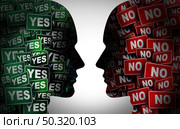 Yes or no concept or political election choice disagreement or opposing opinions and idea conflict as two people that disagree on how to proceed on a decision with 3D illustration elements. Стоковое фото, агентство Ingram Publishing / Фотобанк Лори