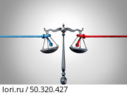 Politics and law or political legislation fight as a left and right leaning rope in a tug of war struggling to win social ideology justice representing judicial and constitutional laws with 3D illustration elements. Стоковое фото, агентство Ingram Publishing / Фотобанк Лори