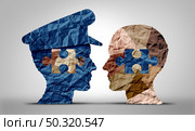 Police community and policing strategy communication building trust as law enforcement with policing and a diverse society as a policeman or policewoman symbol working with an icon of diversity in a 3D illustration style. Стоковое фото, агентство Ingram Publishing / Фотобанк Лори