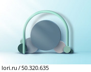 3D realistic set circles geometric group form backdrop mockup on soft blue background with lighting. Vector illustration. Стоковая иллюстрация, агентство Ingram Publishing / Фотобанк Лори