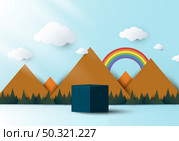 3D realistic blue cube shaped pedestal podium with landscape nature mountain, rainbow, cloud and sun backdrop paper cut style on blue sky background. Vector illustration. Стоковая иллюстрация, агентство Ingram Publishing / Фотобанк Лори