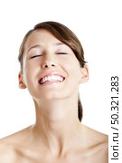 Portrait of a Healthy and young woman smilling, isolated on white. Стоковое фото, агентство Ingram Publishing / Фотобанк Лори