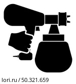 Spray gun holding in hand Sprayer using Arm use tool atomizer pulverizer icon black color vector illustration flat style simple image. Spray gun holding in hand Sprayer using Arm use tool atomizer pulverizer icon black color vector illustration flat style image. Стоковая иллюстрация, агентство Ingram Publishing / Фотобанк Лори