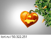 Happy pumpkin halloween shaped as a love heart jack o lantern with pumpkins and leaves as a seasonal concept and autumn symbol with 3D illustration elements. Стоковое фото, агентство Ingram Publishing / Фотобанк Лори