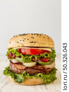delicious hamburger with table. Resolution and high quality beautiful photo. delicious hamburger with table. High quality beautiful photo concept. Стоковое фото, агентство Ingram Publishing / Фотобанк Лори