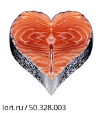 Healthy fish symbol as fresh seafood with a salmon steak in the shape of a heart as an icon of omega-3 healthy food source. Стоковое фото, агентство Ingram Publishing / Фотобанк Лори