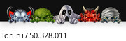 Monster group banner with Mummy ghost and vampire monsters peeking behind a blank white sign with an angry creepy green zombie mutant hiding behind a billboard as a halloween design with 3D illustration elements. Стоковое фото, агентство Ingram Publishing / Фотобанк Лори