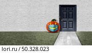 Halloween front door with a jack o lantern pumpkin wearing a medical face protection as an autumn symbol for disease control and virus infection and coronavirus or covid-19 safety in a 3D illustration elements. Стоковое фото, агентство Ingram Publishing / Фотобанк Лори