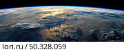 The Earth, as seen from space, showing continents, oceans, clouds, and the curvature of the planet. Стоковое AI-изображение, AI-художник Данила Большаков / Фотобанк Лори