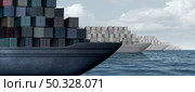 Shipping cargo supply chain and pile up at a port and piling ship containers concept as sea freight and goods distribution idea with container boxes as an international trade logistics problem symbol as a 3D illustration. Стоковое фото, агентство Ingram Publishing / Фотобанк Лори
