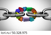 Supply Chain concept and Shipping cargo distribution challenge as piling ship containers or distributing freight and goods idea with container boxes as an international trade logistics problem symbol as a 3D illustration. Стоковое фото, агентство Ingram Publishing / Фотобанк Лори