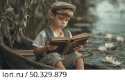 Мальчик сидит в деревянной лодке и читает книгу, листает страницы. Летний день на озере с цветущими кувшинками, летний день. Стоковое AI-видео, аниматор Щеголева Ольга / Фотобанк Лори
