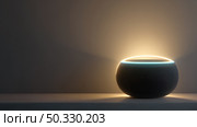 Virtual assistant represented as a glowing orb of data. dot home assistant smarthome speaker. Intelligent home assistant hub, glowing touch interface, minimal style. Стоковое AI-изображение, AI-художник ALLA YURTAYEVA / Фотобанк Лори