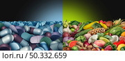 Pills or natural health medication decision concept as a remedy with nutrition choices between healthy fresh fruit and vegetables or pharmaceutical prescription drugs to decide the best path to health with 3D illustration elements. Стоковое фото, агентство Ingram Publishing / Фотобанк Лори