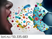 Disease prevention concept with infectious pathogens spreading as a medical symbol of preventing illness from germ virus and airborne bacteria as contagious spread stopped by a face mask with 3D illustration elements. Стоковое фото, агентство Ingram Publishing / Фотобанк Лори