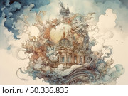 Watercolor fantasy on the theme of an architectural fairy tale: a majestic baroque building hovers among clouds and fog, like a mirage or a vision. The illustration is filled with details - turrets, ornate decorative elements, a glowing sky. The composition is made in soft pastel colors with smooth transitions and fantasy elements, creating a sense of magical space between heaven and earth. Стоковое AI-изображение, AI-художник Анна Кривицкая / Фотобанк Лори