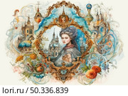 Retro-style watercolor illustration of a noble lady of the 18th century, surrounded by ornate golden frames, flowers, fairy-tale castles and decorative elements. The composition is sustained in a fairy-tale-historical spirit and resembles old postcards or pages from a luxurious illustrated album. Perfect for book covers, vintage posters, decorative panels and collectible prints. Стоковое AI-изображение, AI-художник Анна Кривицкая / Фотобанк Лори