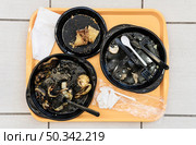 top view dirty plates with food leftovers. Стоковое фото, агентство Ingram Publishing / Фотобанк Лори