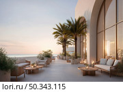 Luxurious beachfront terrace at sunset with elegant lounge furniture, palm trees, and ambient lighting, creating a serene and upscale coastal atmosphere. Стоковое AI-изображение, AI-художник Катерина Бондарец / Фотобанк Лори