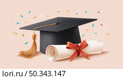 Graduation cap and diploma with red ribbon surrounded by confetti. Стоковое AI-изображение, AI-художник Катерина Бондарец / Фотобанк Лори