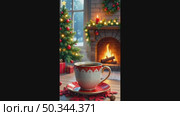 A warming mug of coffee near the fireplace in a cozy warm knitted plaid and Christmas decor. Cozy winter illustration, Christmas, New Year. AI generated. Стоковое AI-видео, аниматор Ольга Симонова / Фотобанк Лори