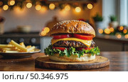 Delicious burger and French fries in home kitchen with Christmas decor, lights of garland. Delivery from fast food restaurant, menu burger home cooking for New year. AI generated; Стоковое AI-видео, аниматор Ольга Симонова / Фотобанк Лори