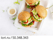 Hamburger with grilled chicken burger, fresh cucumber, tomato, cheese and lettuce. Top view. Стоковое фото, агентство Ingram Publishing / Фотобанк Лори